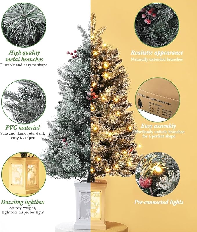 3 Ft Pre-Lit Christmas Tree, Artificial Christmas Trees with Lighting, Xmas Trees with 78 Led Lights, Christmas Decoration for Home, Office, Easy Assembly