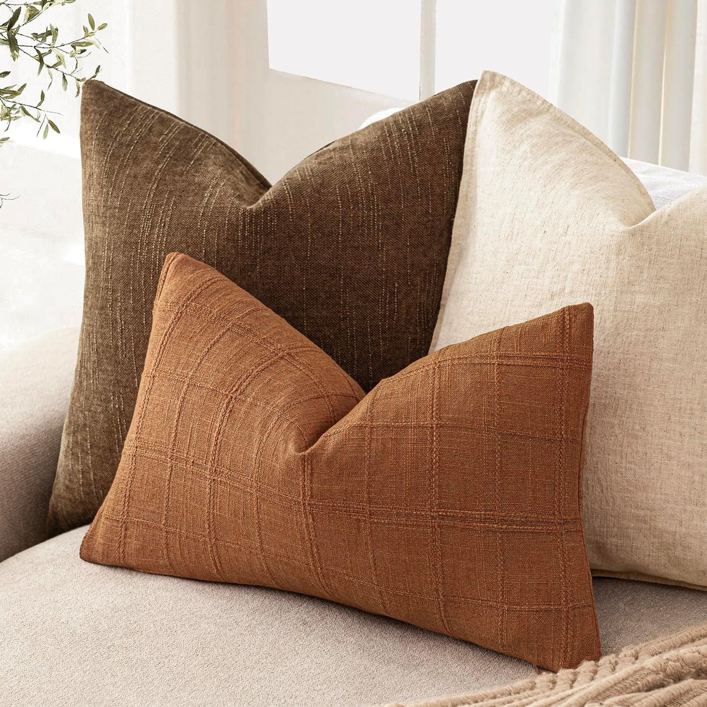 Foindtower Set of 2 Decorative Linen Check Throw Pillow Covers Neutral Farmhouse Lumbar Cushion Covers Modern Boho Home Decor for Sofa Chair Couch Bedroom Living Room,12×20 Inch,Orange