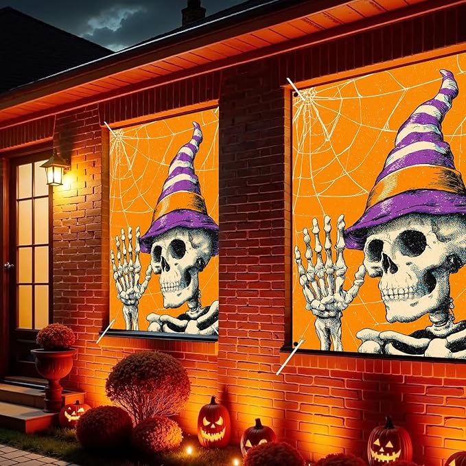 Nuxovilar Halloween Window Decorations, Skull in Witch Hat Halloween Window Cover for Indoor, Party, Haunted House, 31.5x47.3 Inches