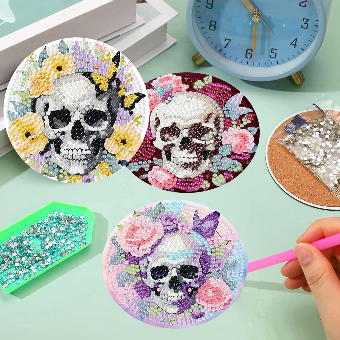 Meothan 8 Pcs Diamond Art Coasters Kits for Adults with Holder Cork Pads, Skull Flowers Diamond Dots Art Painting Coasters Crafts Kit for Home Office Decor (4x4in)