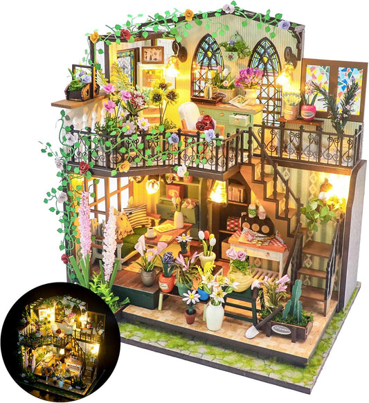 DIY Miniature Dollhouse Kit, Mini House Building Kit for Adults, Tiny House Making Kits with LED Light, Hobby Craft Christmas Decorations Birthday Gifts for Adults (Flower House)