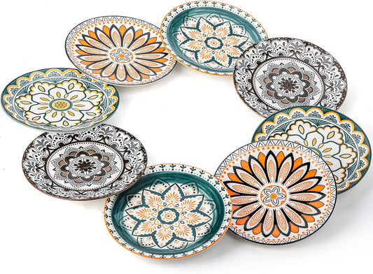 Foraineam 8 Pieces Salad Plates, 8.5 Inch Porcelain Floral Dessert Plates, Colorful Round Lunch Plate Sets for Appetizer Salad Fruit Snack, Dishwasher and Microwave Safe