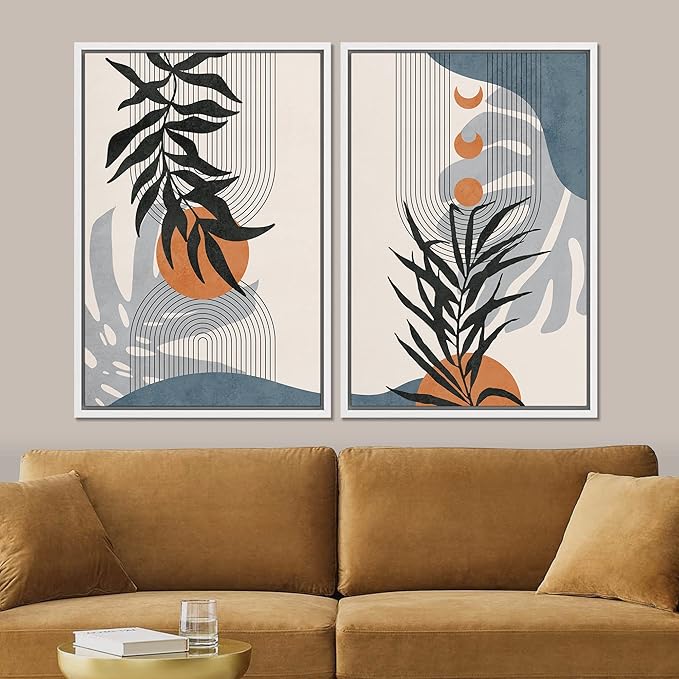 SIGNFORD Framed Canvas Print Wall Art Forest Plant Silhouettes & Mid-Century Symbols Abstract Shapes Illustrations Modern Boho Nature Chic for Living Room, Bedroom, Office - 16"x24"x2 White