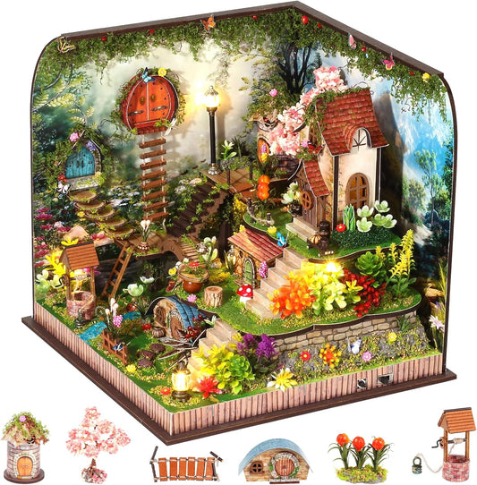 DIY Miniature House Kit, Forest Book Nook Kit with Music, 3D Wooden Puzzles for Adults, Dollhouse Kit with LED Light, Mini Building Kit, Craft Kit for Adults Teen to Build (Forest Garden)