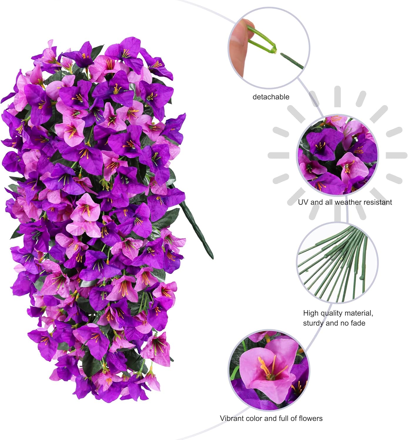 HyeFlora Bougainvillea Artificial Hanging Flowers Plants for Outdoors Decoration, 2pcs Fake Flowers Silk Bougainvillea Vines Realistic UV Resistant Faux Flowers for Outdoor Planters Porch Patio, Mix