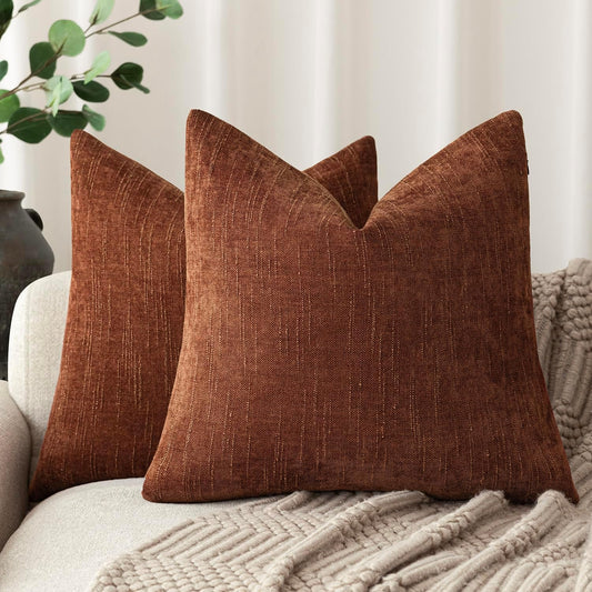 Foindtower Pack of 2 Soft Textured Chenille Throw Decorative Pillow Covers Square Accent Solid Cushion Cover Cozy Neutral Farmhouse Pillow Case for Couch Sofa Bedroom Living Room 26x26 Inch,Red Taupe