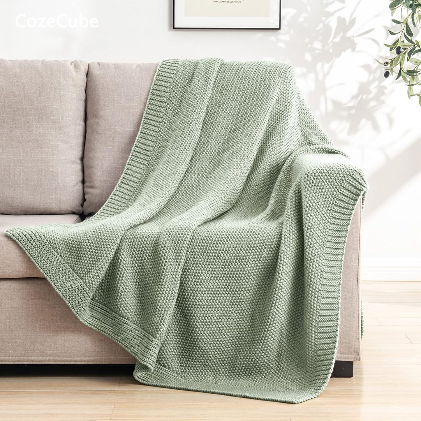 CozeCube Sage Green Throw Blanket for Couch, Soft Cozy Cable Knit Throw for Bed Sofa Living Room, Lightweight Warm Decorative Farmhouse Christmas Blanket, 60"x80", Sage Green