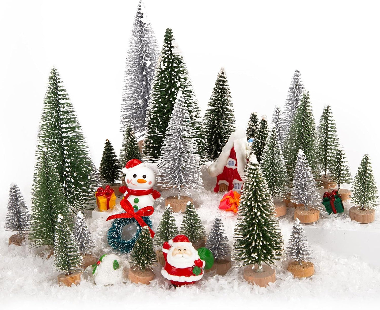 LOVEINUSA 48PCS Mini Bottle Brush Trees and Resin Miniatures for Tabletop Decor - Winter Ornaments and DIY Crafts