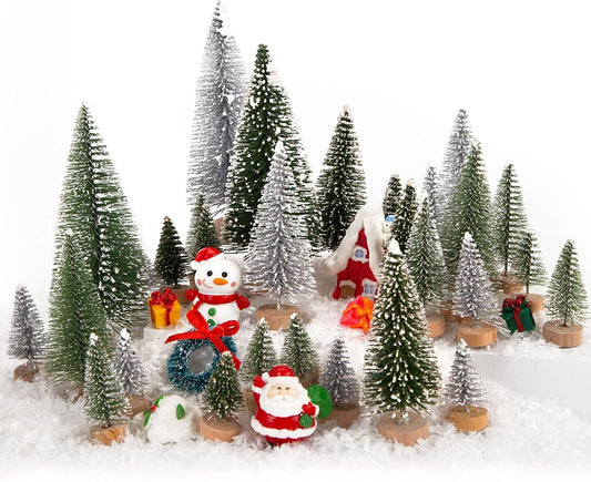 LOVEINUSA 48PCS Mini Bottle Brush Trees and Resin Miniatures for Tabletop Decor - Winter Ornaments and DIY Crafts