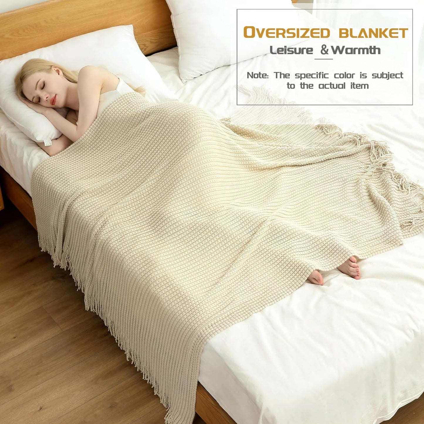 Blagic Knitted Throw Blanket for Couch,Soft Farmhouse Boho Fall Throw Blanket with Tassels,Home Decorative Lightweight Throw Blankets,Beige Throws for Bed/Chair/Sofa, 60" W x 80" L