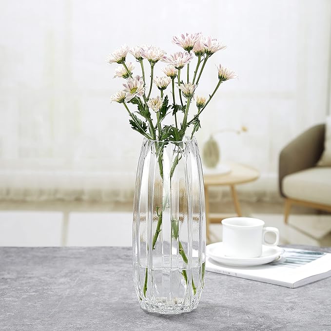 Modern Ribbed Glass Vase for Flowers, Candles and Decorative Accents - Black, Grey, Amber, Clear and Colored Tall/Short Vase for Centerpieces and Home Table Decor (Clear, H-11.8inch)