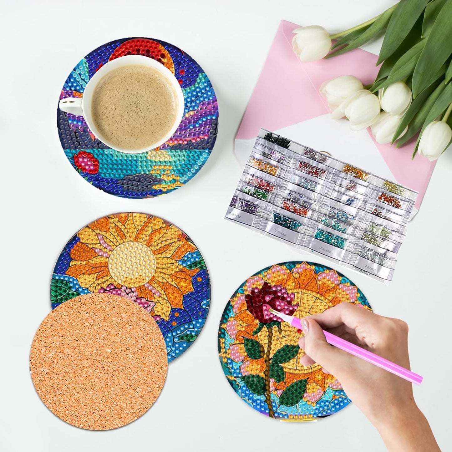Leatrice Flower Diamond Art Coasters Set of 8, Small Diamond Painting Kits for Adults Beginners Women, Gem Art Coasters with Holder, Funny Arts Supplies for Home Decor