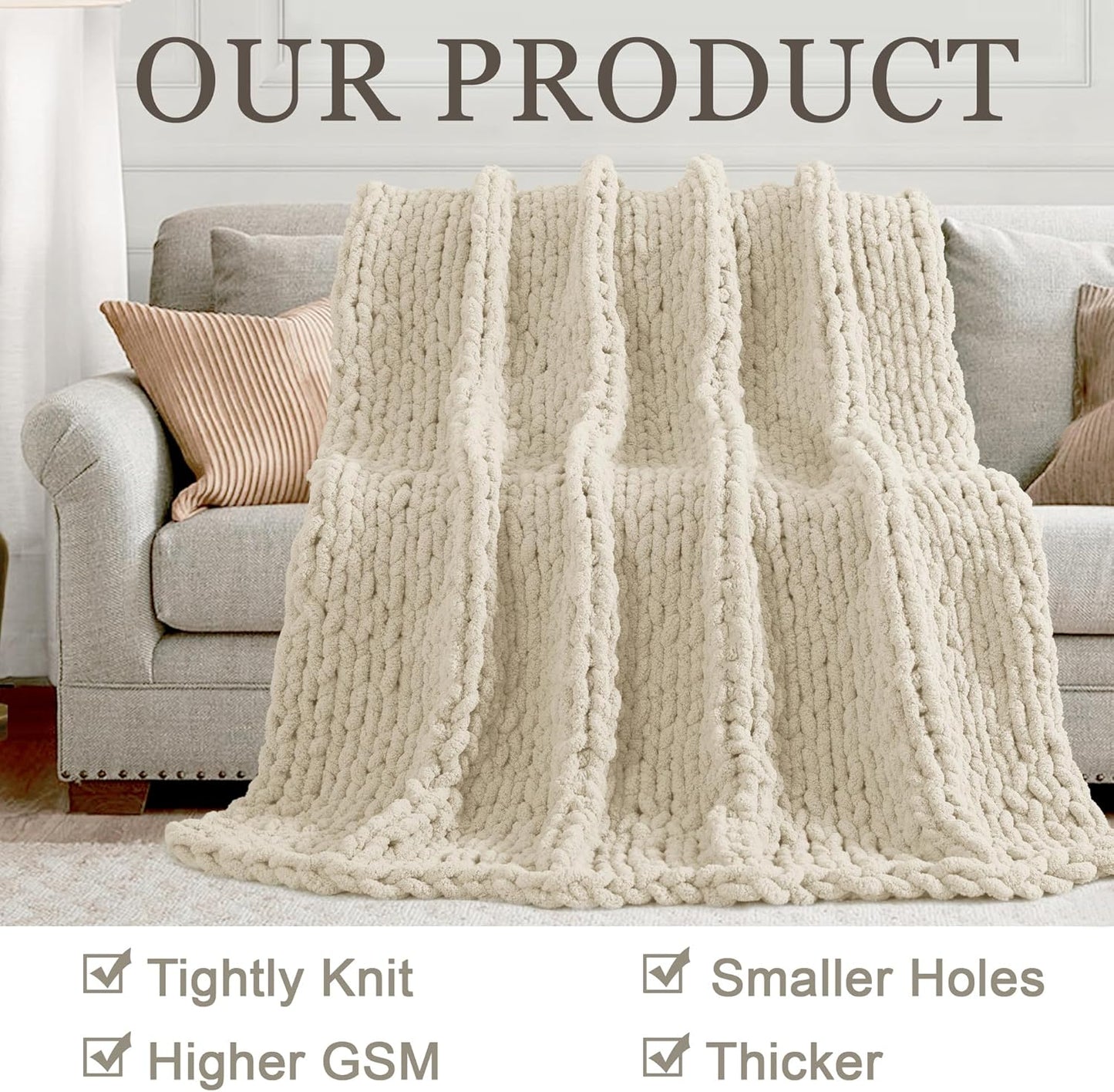 Chunky Knit Throw Blanket 60"X 80", 100% Handmade with Soft Chenille Yarn, 6.7lbs Thick Cable Knitted Blankets, Large Rope Knot Crochet Throws for Couch Sofa Bed Home Decor, Beige