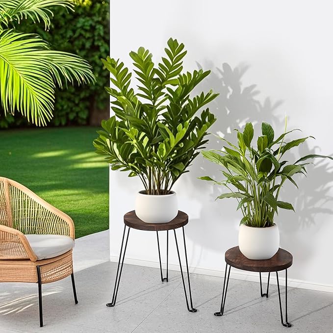 Yangbaga 2Pack Wooden Plant Stands Indoor,11.81IN Round Plant Stands with Metal Legs,Mid Century Plant Holder for Home Decor,Multi-purpose Plant Table for Living Room/Patio/Garden/Balcony/Office