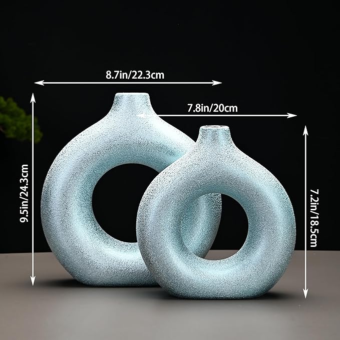 Set of 2 Donut Hollow Ceramic Vase Handmade Minimalist Boho ins Style, Modern Vase for Home Decor for Wedding Dinner Table Party Living Room Office Bedroom (Blue-Gold, Extra Large + Large)