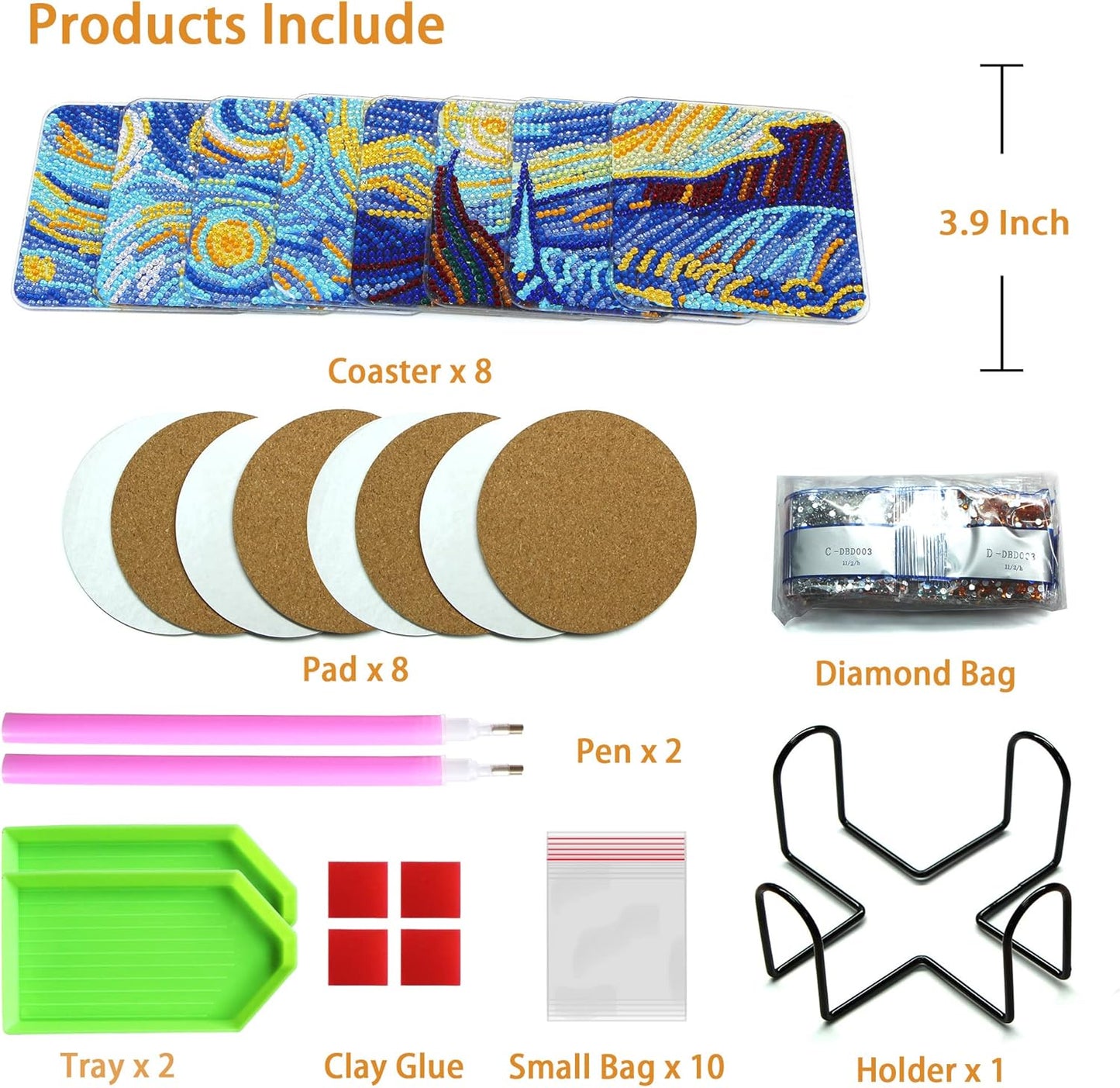 Diamond Art Coasters Kit with Holder, 8 Pcs Diamond Art Coasters for Adults Kids Beginners Crafts Gifts (Starry-Night)
