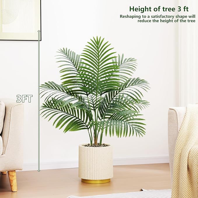 2 Pack Artificial Palm Tree Indoor Plant 3FT Tall Fake Tropical Palm Tree in Pot, Real Bark Design Faux Areca Palm Tree for Home Office Living Room Bedroom Farmhouse Modern Outdoor Topiary Tree