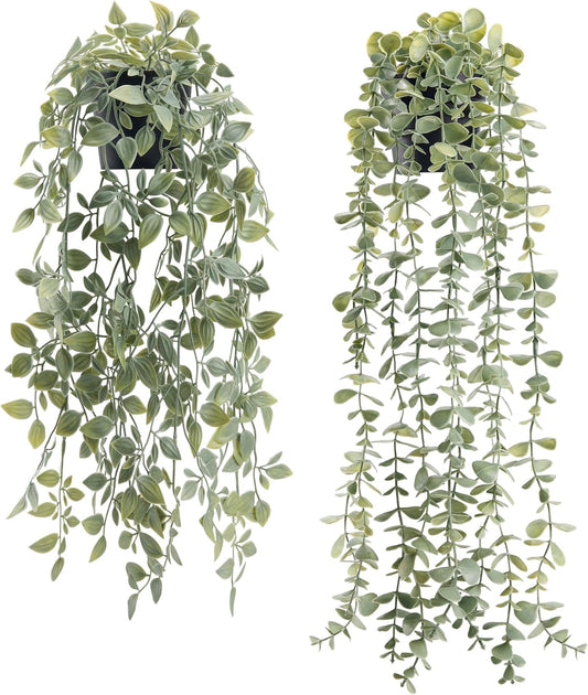 Der Rose 2Pcs Fake Plants Hanging Artificial Decor Faux Potted Eucalyptus and Pea Pod Plants for Boho Bathroom Home Office Desk Wall Shelf Bookcase Accessories Decor Indoor