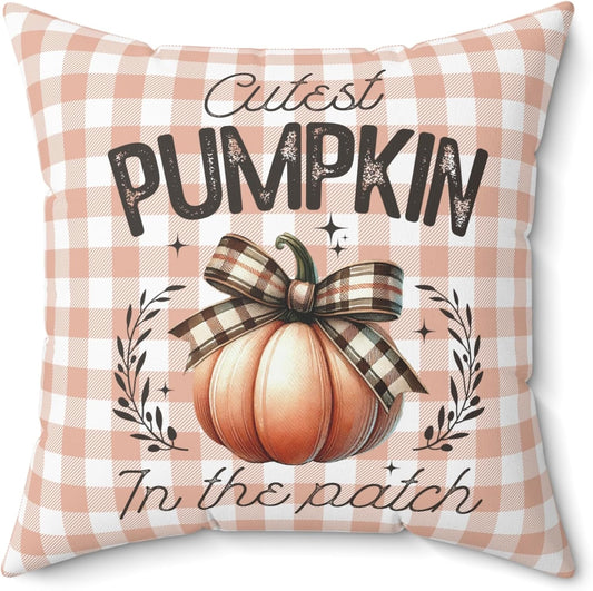Cutest Pumpkin in The Patch Fall Throw Pillow - Buffalo Plaid Checkered Design with Pumpkin & Bow - Double-Sided Autumn Decor - Halloween Thanksgiving Home Decor