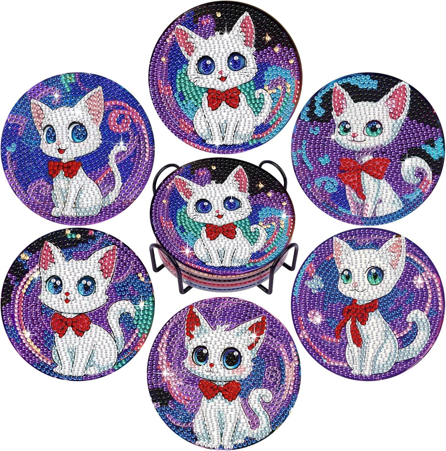 Leatrice 6PCS Cat Diamond Art Coasters Small Diamond Painting Kits for Adults Diamond Dots Round Full Drill Diamond Coasters with Holder Easy Art Crafts for Beginners Women