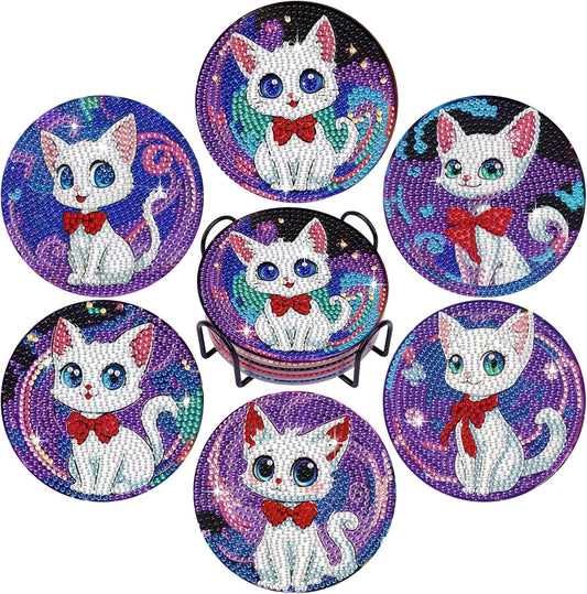 Leatrice 6PCS Cat Diamond Art Coasters Small Diamond Painting Kits for Adults Diamond Dots Round Full Drill Diamond Coasters with Holder Easy Art Crafts for Beginners Women