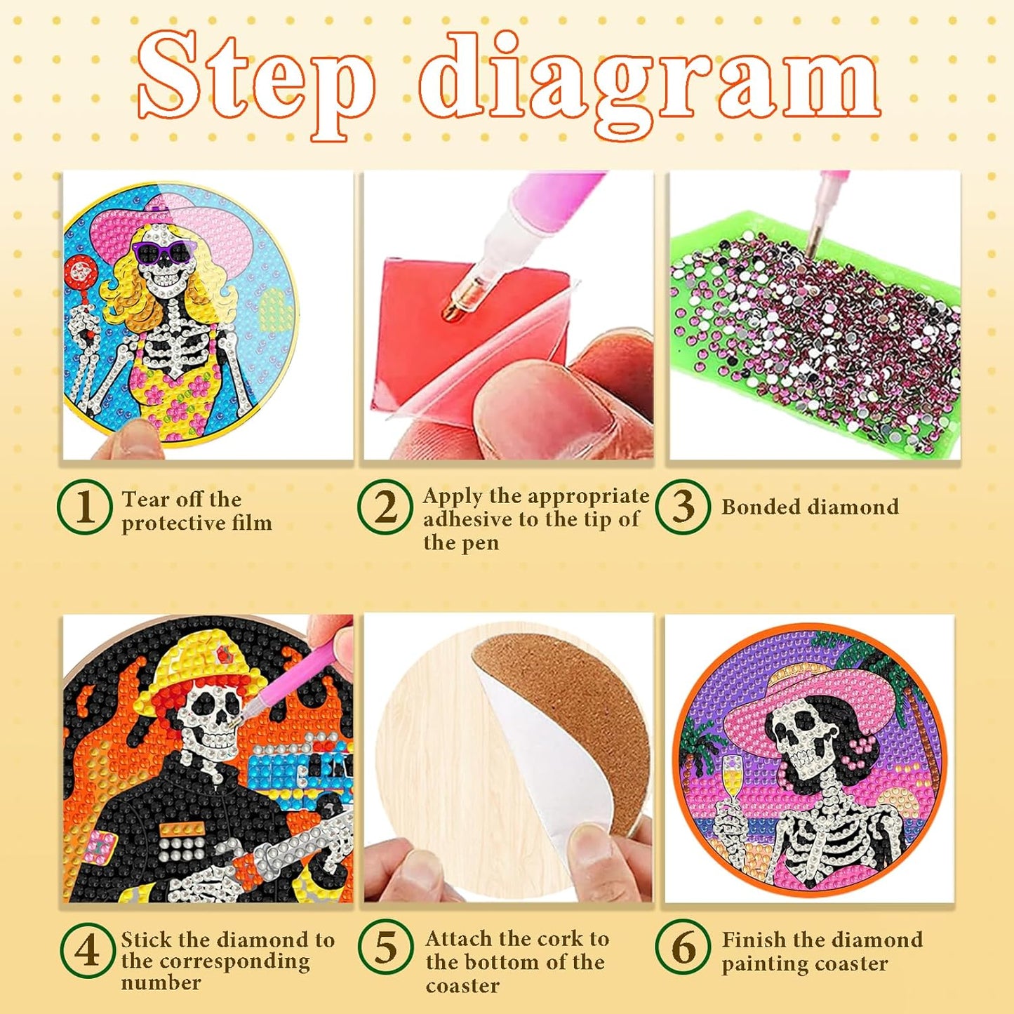 DOTSOPS Skull Diamond Painting Coaster with Holder 5D Diamond Art Kits for Adults Round Full Drill Beginners Gem Dots Craft Arts Supplies Party Home Decor 8pcs