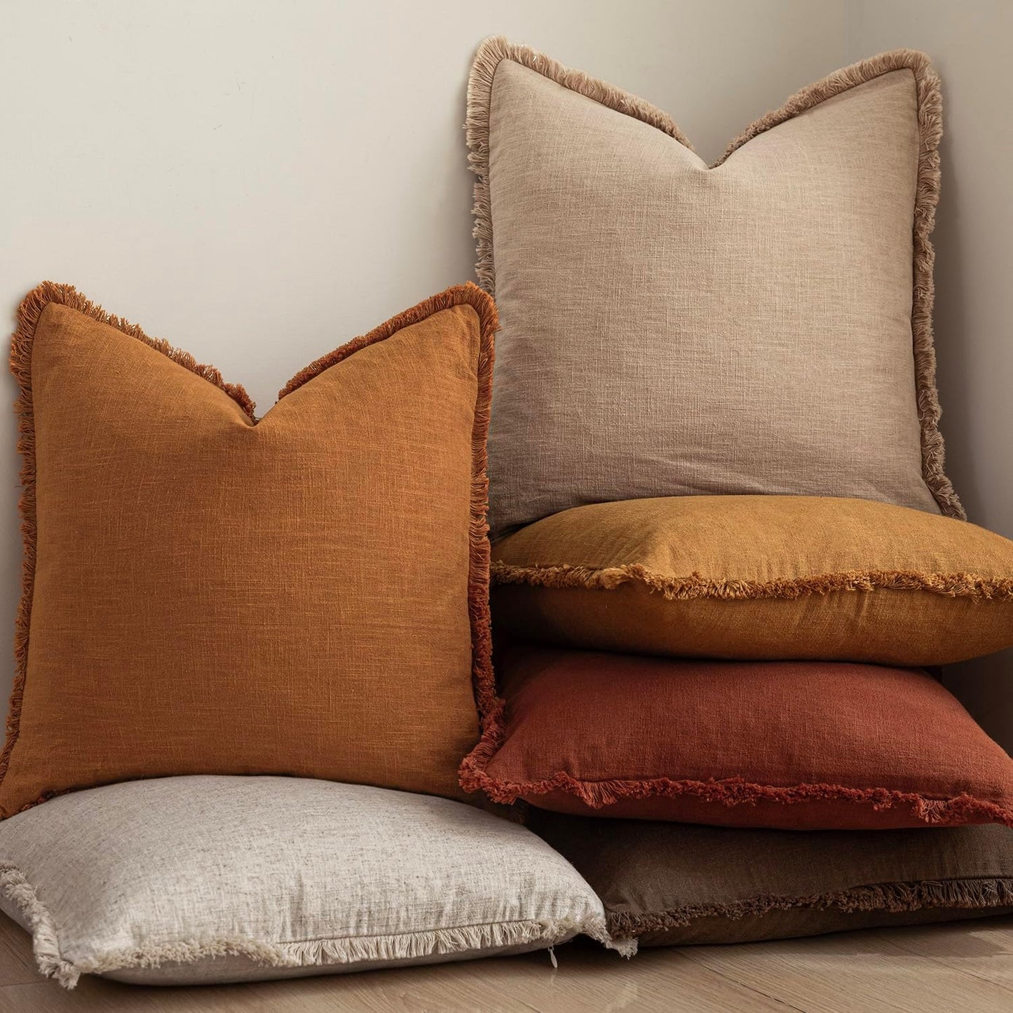 Foindtower Decorative Linen Fringe Throw Pillow Covers Cozy Boho Farmhouse Cushion Cover with Tassels Soft Accent Pillowcase for Chair Sofa Bed Living Room Home Decor, 24×24 Inch,1PC,Orange