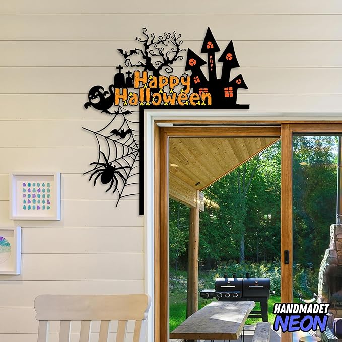 Personalized Metal Happy Halloween Door Toppers, Custom Haunted House Ghosts Spider Web Door Corner Sign, UV Printed Spooky Frame Top Decorative Creative Silhouette Wall Art Decor