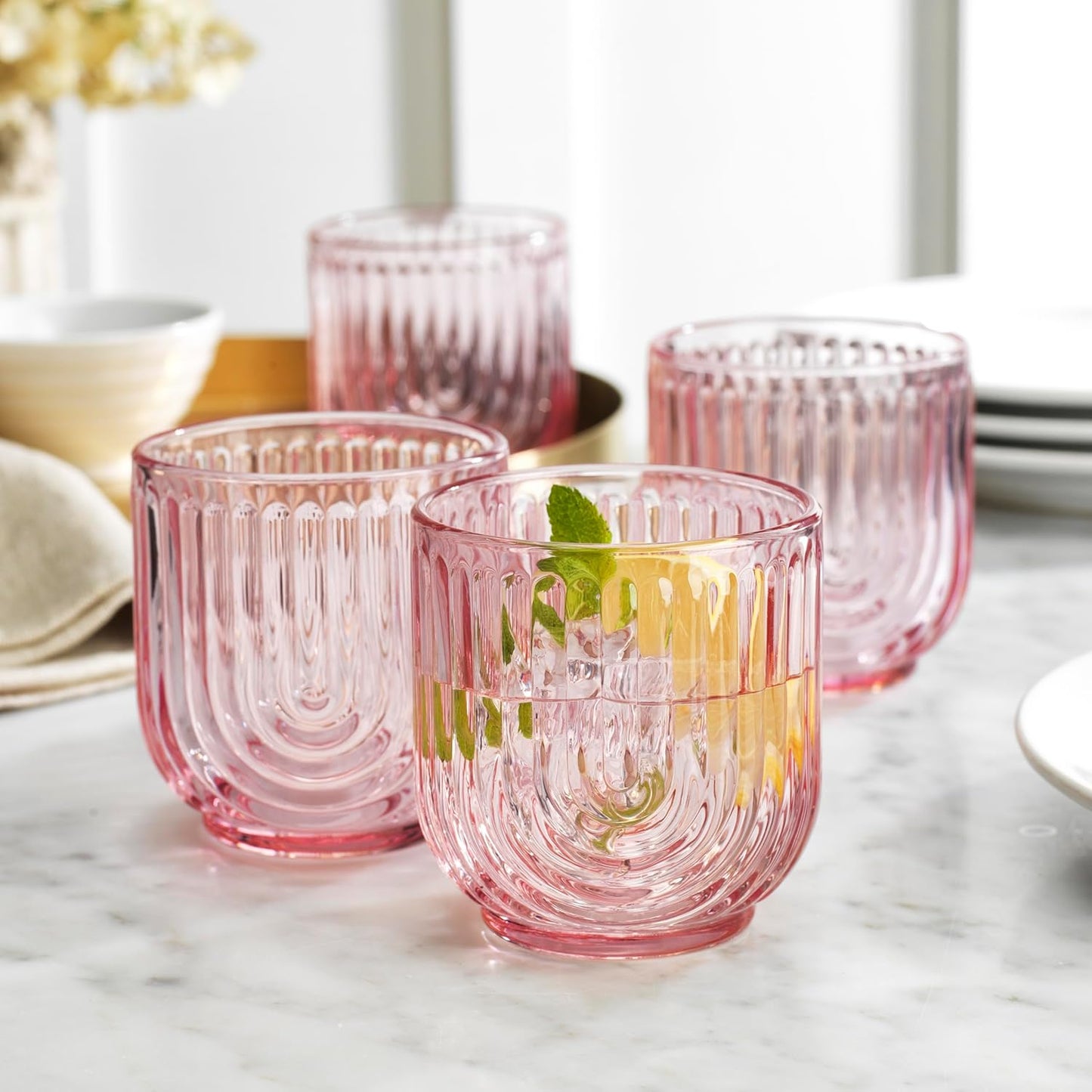 Glaver's Vintage Glassware Art Deco Glasse Ribbed Drinking Glasses U-Shape Arch Design Colored Cocktail Kitchen Tumblers Everyday Dinner Decorative Party (Pink S/4 11oz)