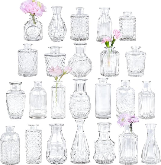 Glass Bud Vase Set of 24, Small Clear Flower Vases for Centerpieces in Bulk, Mini Vintage Vase for Wedding Decor, and Home Table Décor