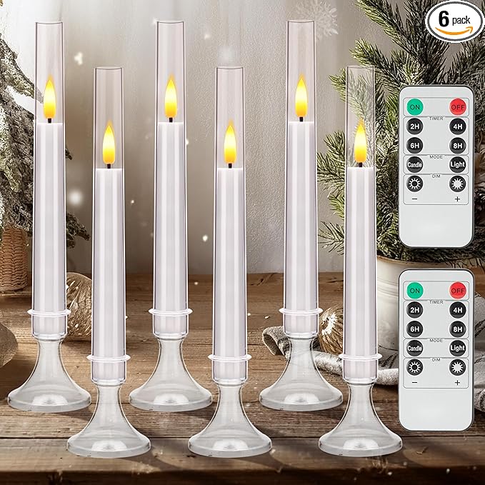White Flameless Taper Candles, 6 Pack Acrylic LED Candles with Remote Timer, 9.25"x0.75" Battery Operated Flickering Window Candle for Home Wedding Decor, and Holiday Celebrations