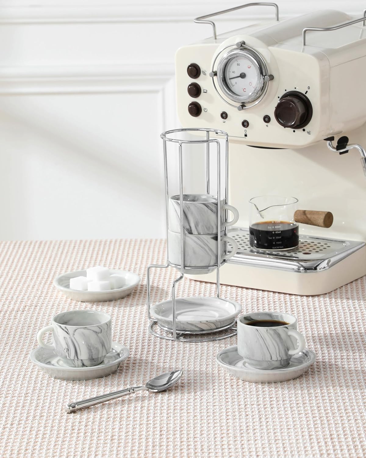 MALACASA 2.5 OZ Porcelain Espresso Cups with Saucers and Metal Stand Set of 4, Stackable Cappuccino Cups, Marble Gray Expresso Shots Cup Set for Coffee Drinks, Latte, Tea