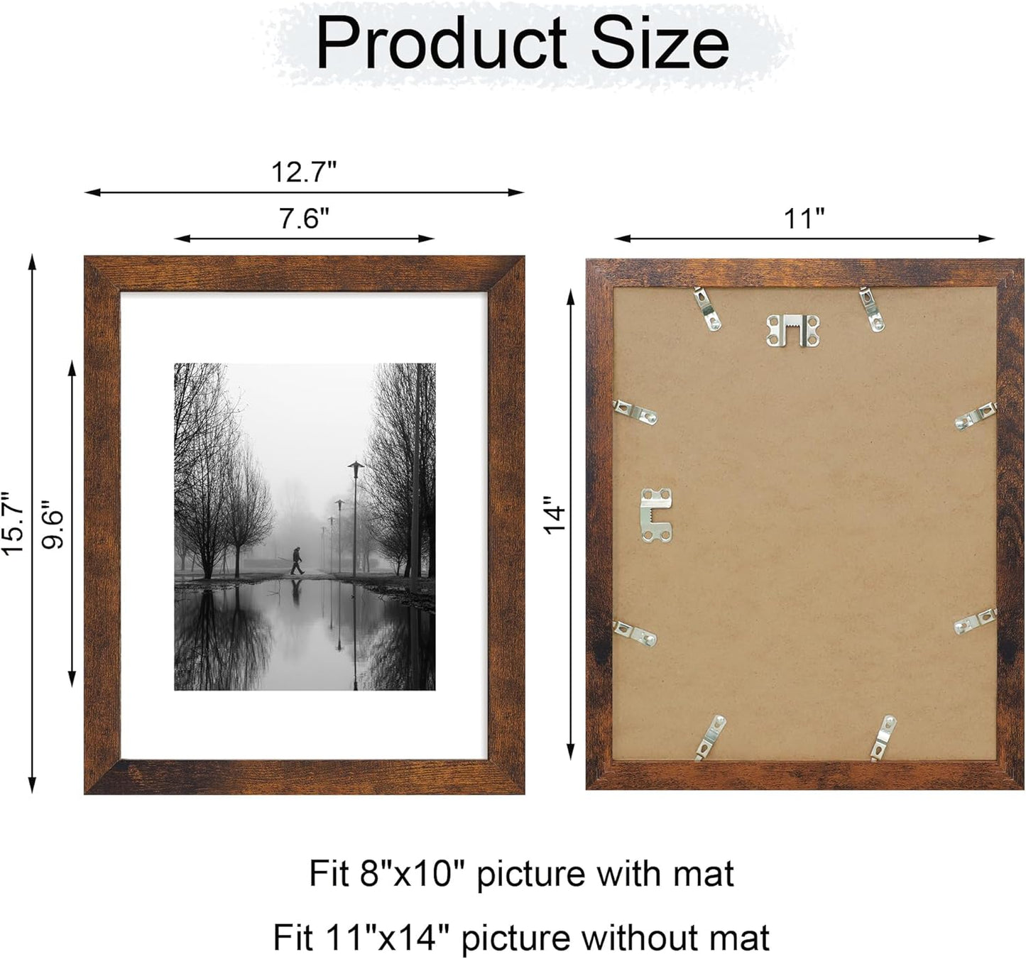 iRahmen 11x14 Picture Frame Set of 4 with Tempered Glass, Rustic Frame Display 8x10 Pictures with Mat or 11 x 14 Without Mat, Wooden Photo Frames for Wall Mounting