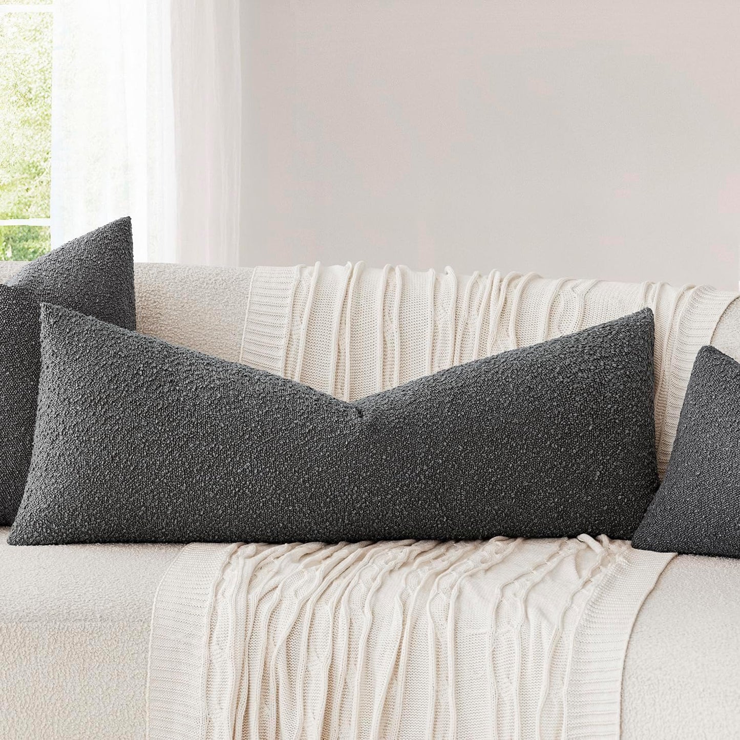 Foindtower Decorative Textured Boucle Throw Pillow Covers Accent Solid Pillow Cases Neutral Long Body Lumbar Couch Cushion Case for Chair Sofa Bedroom Living Room Home Decor 14x36 Inch,1PC,Dark Grey
