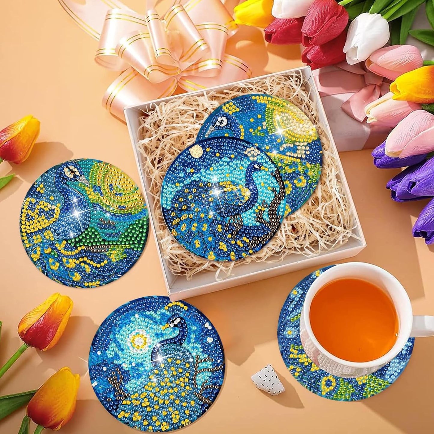 DOTSOPS 8 Pcs Animal Diamond Art Kits for Adults Diamond Art Coasters with Holder BeginnersCraft for Christmas Birthday(Peacock)
