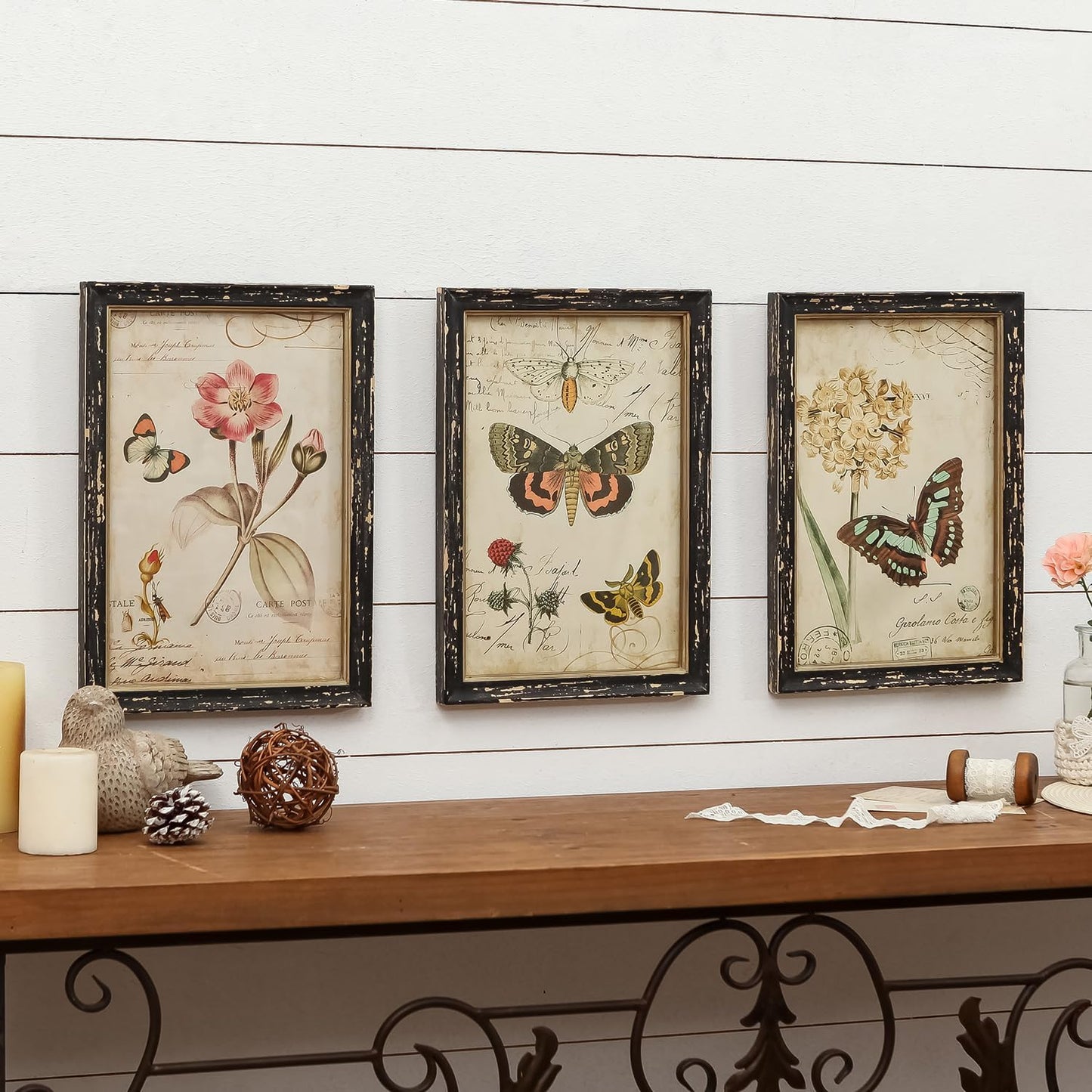 NIKKY HOME Set of 3 Vintage Butterfly Wall Art Poster Print Rustic Botanical Picture Decor Floral Plant Wooden Framed Plaque Sign for Bedroom Living Room Office Classroom