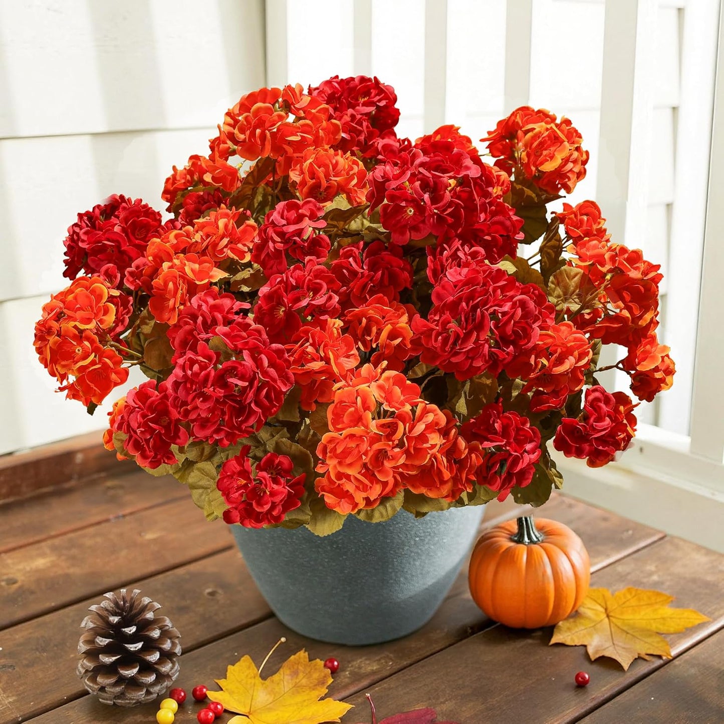 Fake Geraniums Artificial Flowers for Outdoors Fall Autumn Decoration, 6 Bundles Silk Geraniums Look Real Faux Fall Flowers Plants for Front Door Garden Planter Patio Balcony Yard Home Indoor, Mix