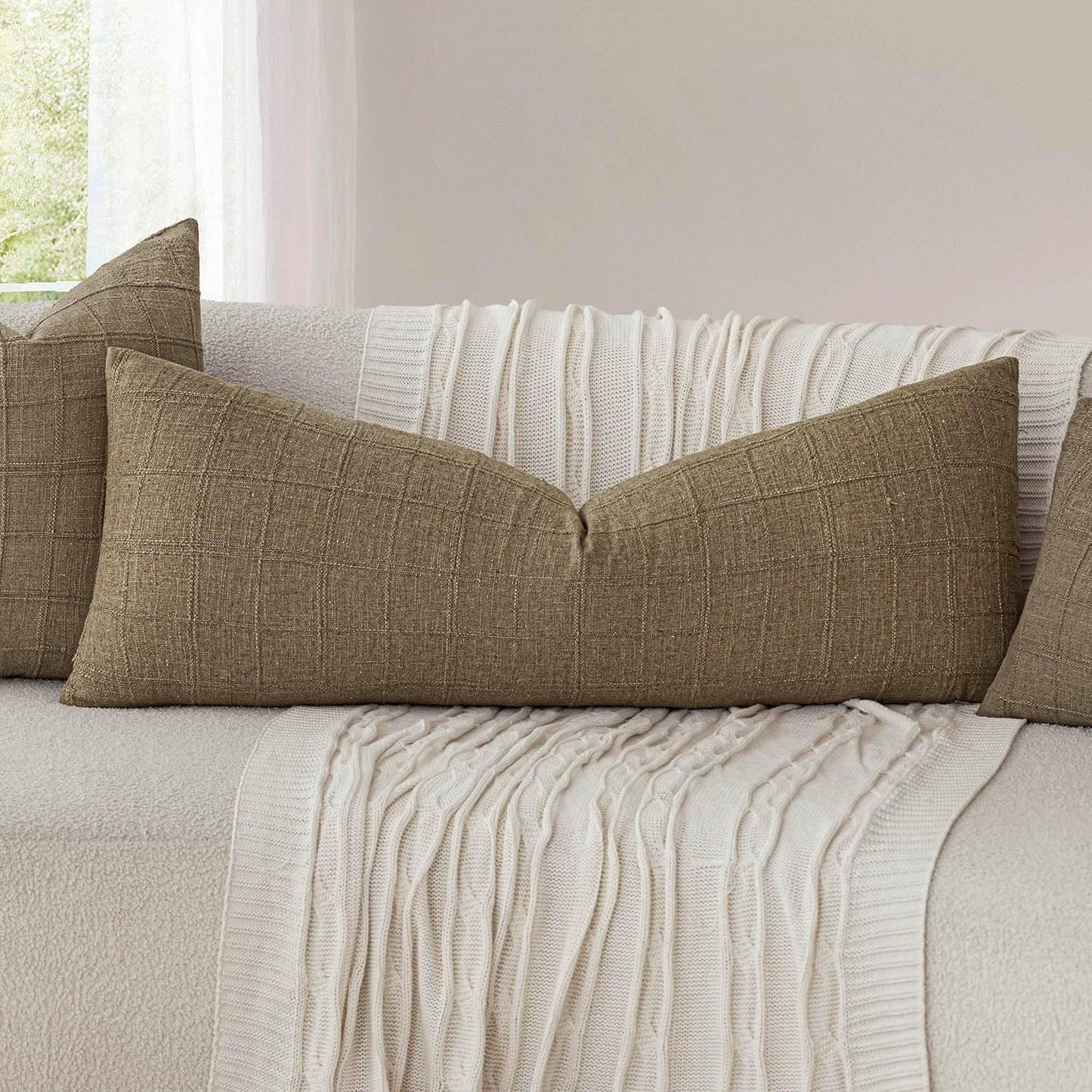 Foindtower Set of 2 Decorative Linen Check Throw Pillow Covers Neutral Farmhouse Lumbar Cushion Covers Modern Boho Home Decor for Sofa Chair Couch Bedroom Living Room,12×24 Inch,Light Brown