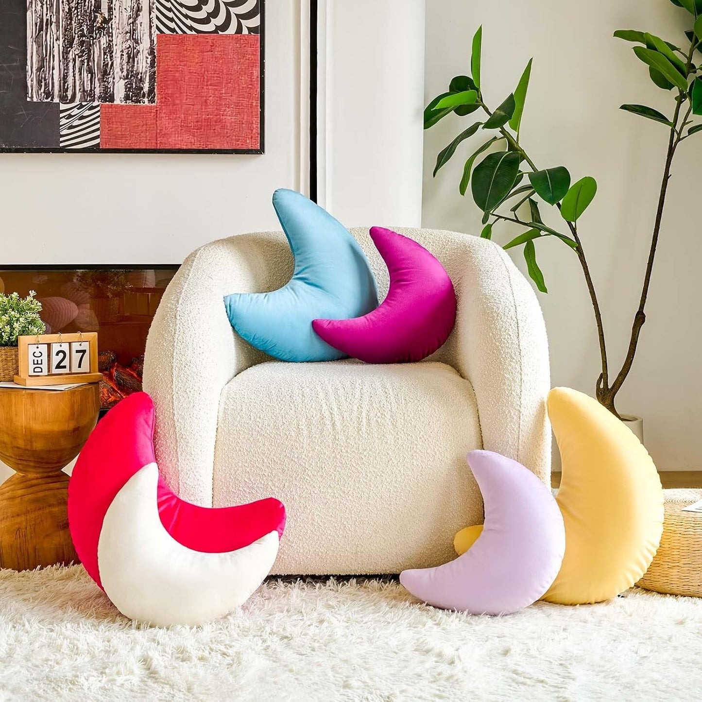 Hot Pink Moon Pillow, 19.6" Cute Soft Velvet Half Moon Shape Plush Decorative Throw Pillows Cushions Room Decor for Couch Bedroom Living Room