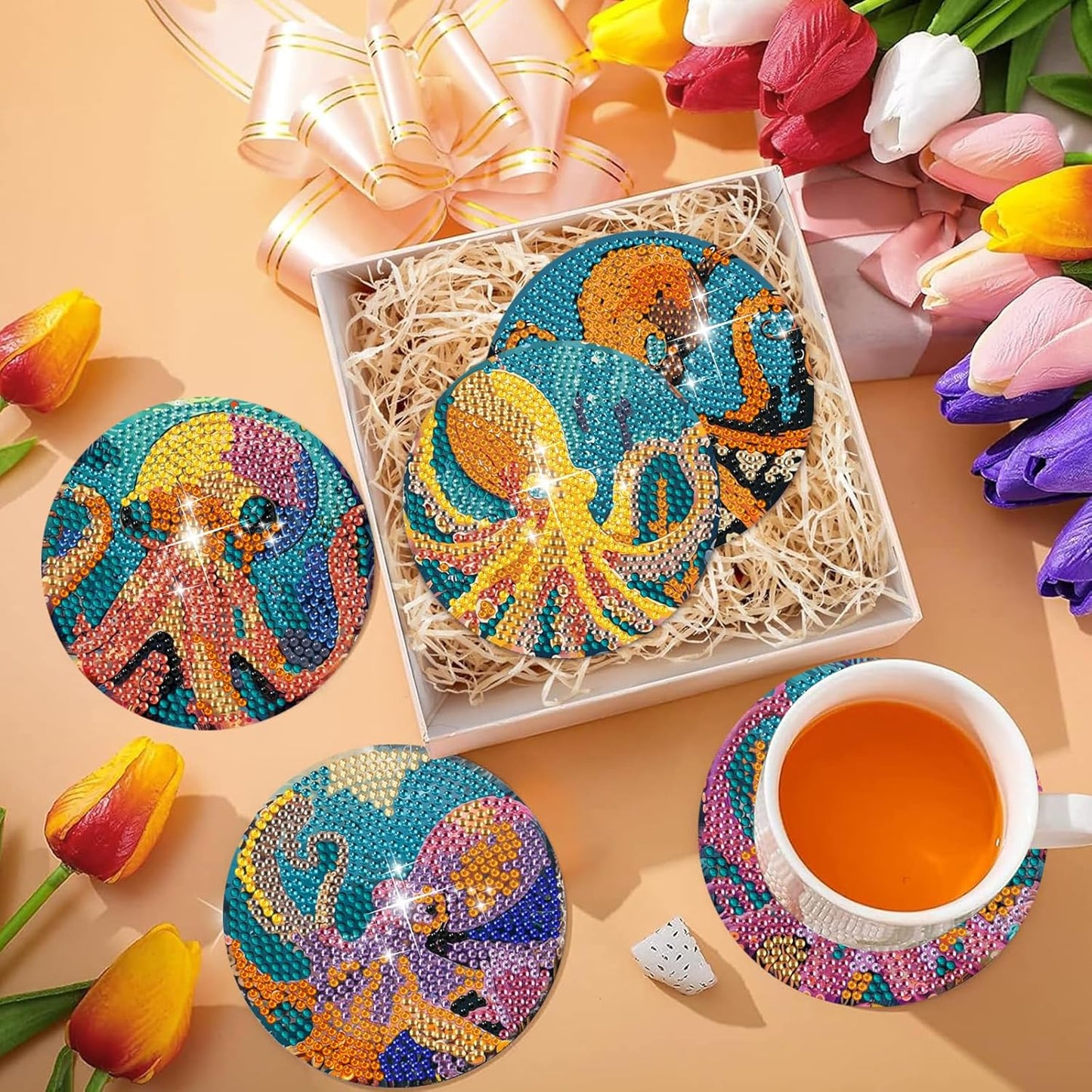 Leatrice Diamond Art Coasters Set of 6, Small Diamond Painting Kits for Adults Beginners, Cork Coaster for Drinks Gem Art Coasters with Holder Home Decor for Octopus