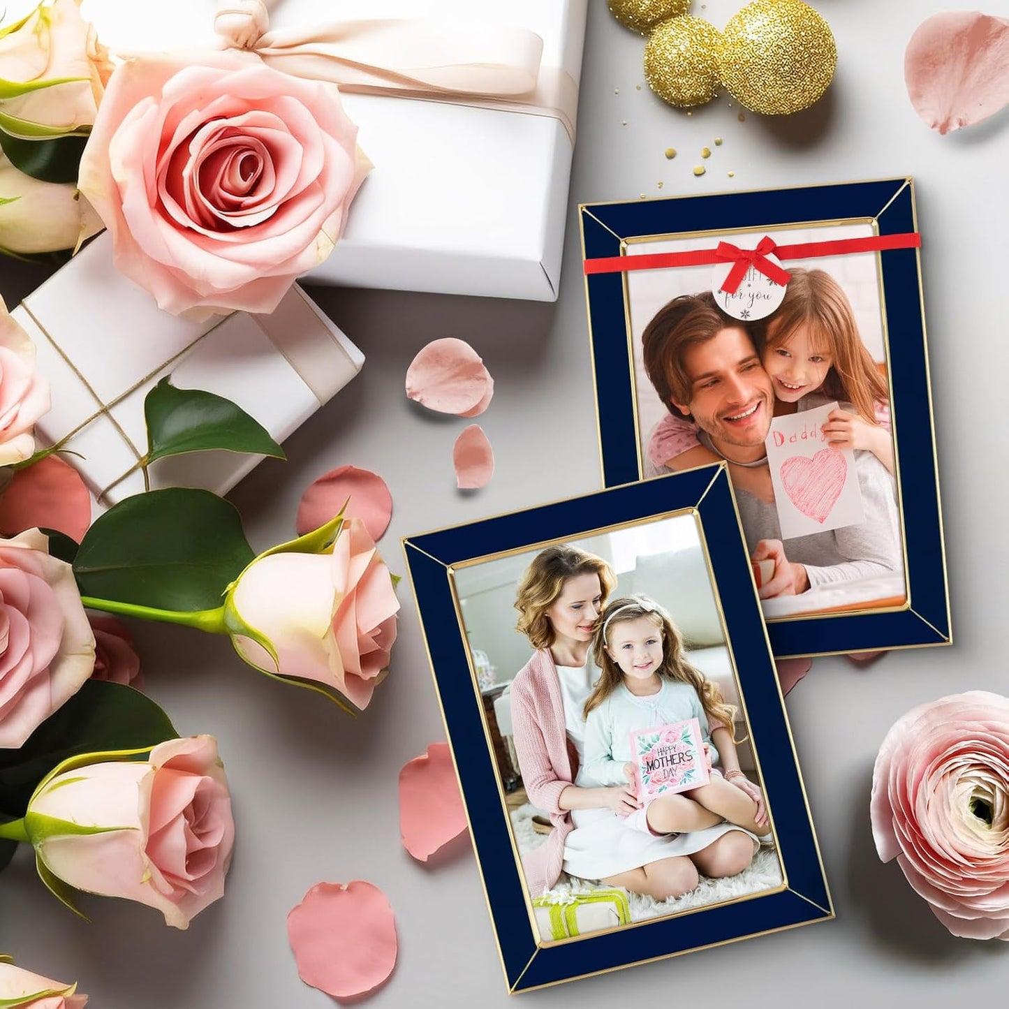 Frametory Enamel Picture Frame - 4x6 Gold Metal Edge Navy Blue Enamel Picture Frame With Easel and Velvet Back for Tabletop Display, Bookshelf, 4x6 Wall Decor, Photo Frames, Picture Display-2 Set