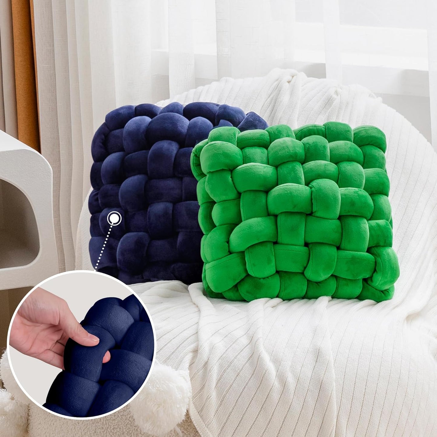 JELLYMONI Blue Square Knot Throw Pillow, Large Size Home Decorative Pillows, Decorative Ins Throw Pillows, Soft Velvet Knotted Decor for Bedroom, Living Room and Couch (L- 15"×15"×4", Blue)