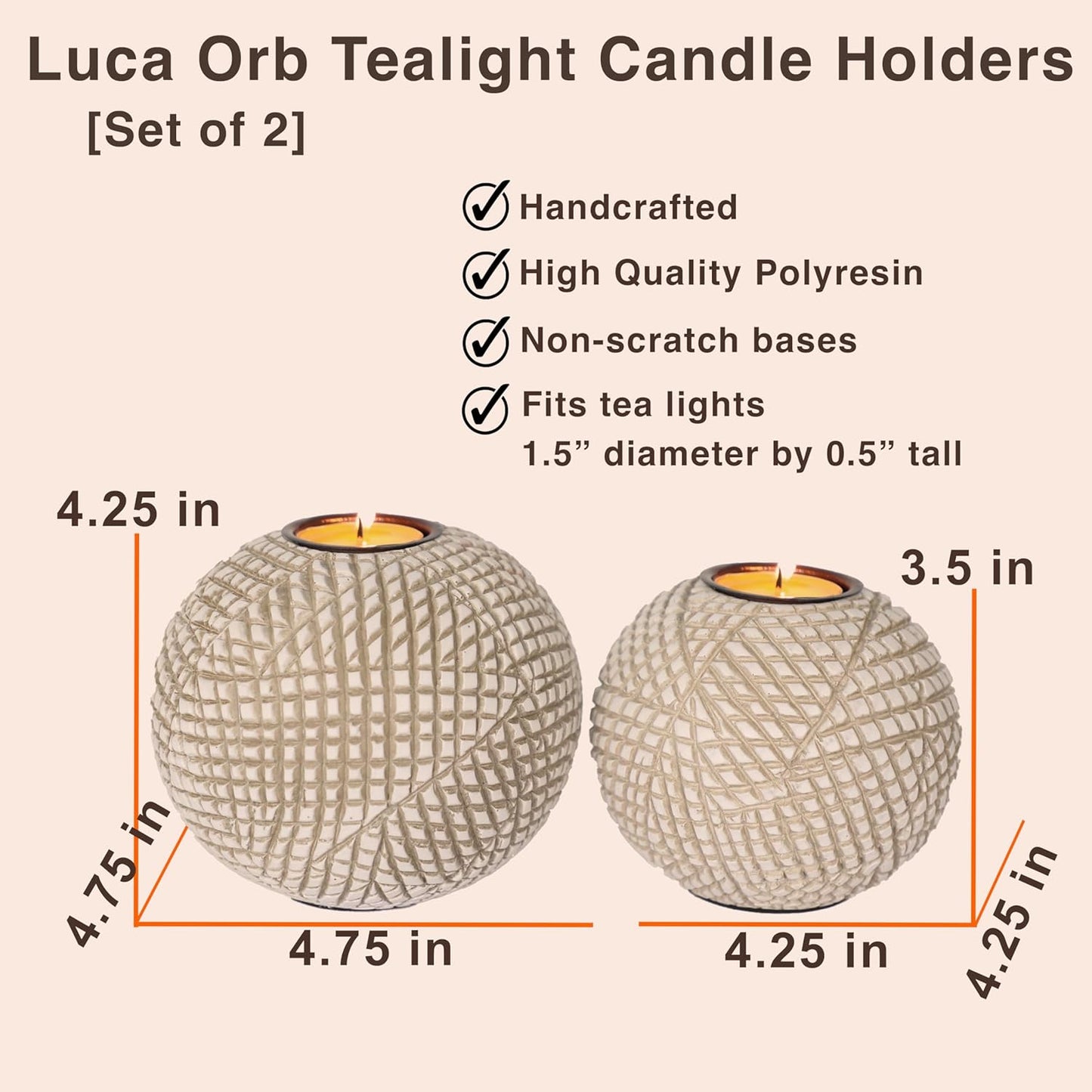 Luca Orb Tea Light Candle Holders (Gift Boxed Set of 2) Grid Pattern, Beige and White