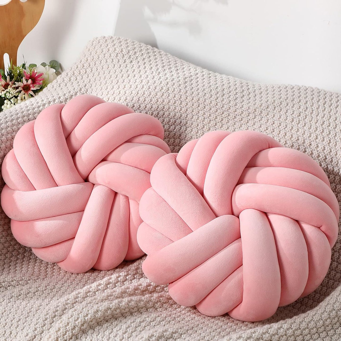 Fumete 2 Pcs 14 Inches Knot Pillow Round Throw Soft Plush Knot Ball Pillow Handmade Knotted Modern Home Decorative Cushion for Bed Bedroom, Sofa, Couch (Pink)