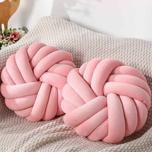 Fumete 2 Pcs 14 Inches Knot Pillow Round Throw Soft Plush Knot Ball Pillow Handmade Knotted Modern Home Decorative Cushion for Bed Bedroom, Sofa, Couch (Pink)