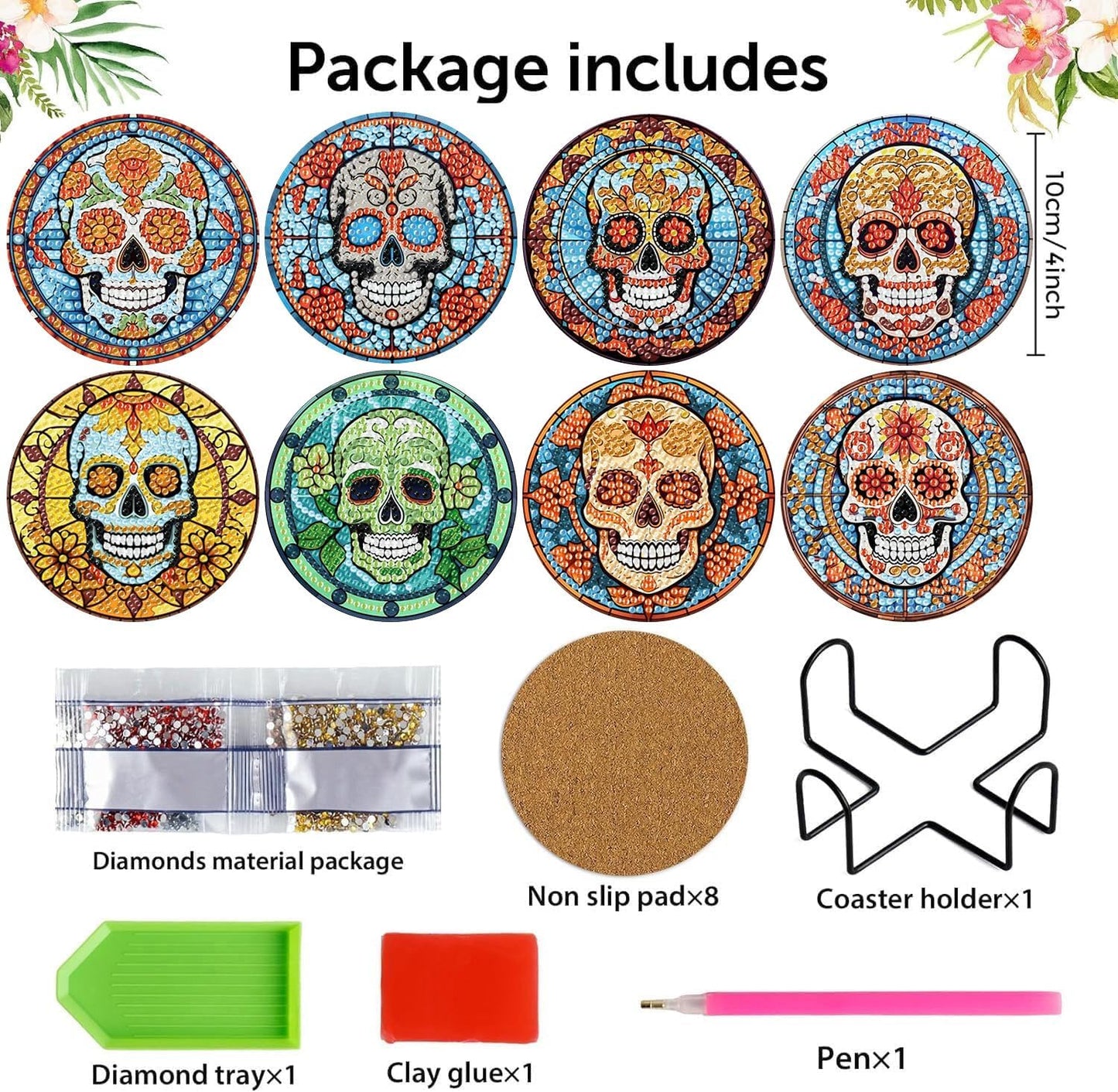 Meothan 8 Pcs Diamond Art Coasters Kits for Adults with Holder Cork Pads, Skull Diamond Dots Art Painting Coasters Crafts Kit for Home Office Decor (Stained Glass Style)