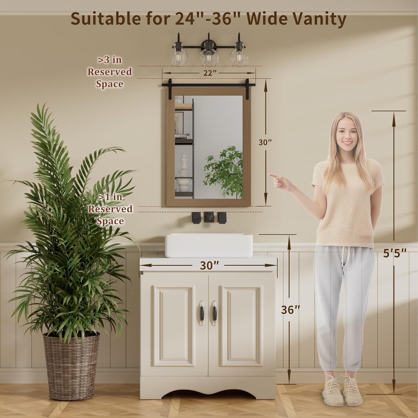 Farmhouse Bathroom Mirror, Brown Rustic Vanity Mirror Wood Framed Decrative Mirrors, Barn Door Style Decor Entryway Bedroom 22x30INCH Horizontal