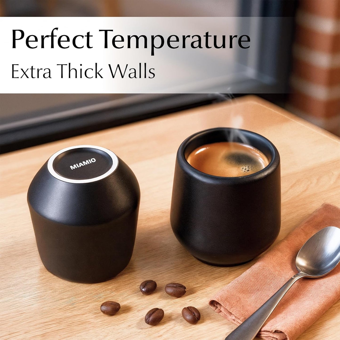 MIAMIO - Espresso Cups Set of 4 (3 oz) / Espresso Cup, Ceramic Espresso Cups, Handleless Mug, Japanese Tea Cups - Luxe Collection (Black)