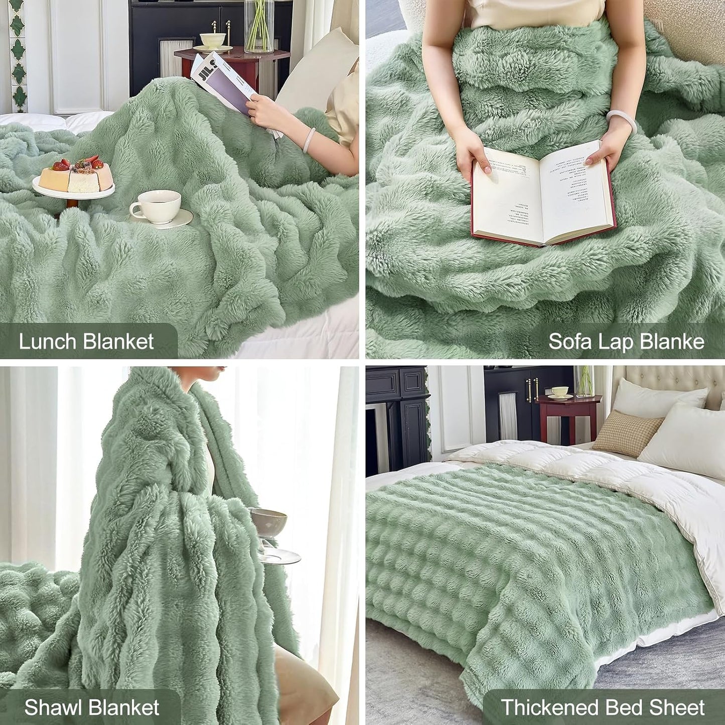 Faux Fur Sage Green Throw Blanket for Couch - Super Soft Heavy Flufyy Thick Bubble Throw Blankets for Bed Bedroom Living Room Farmhouse Sofa Chair Fall Winter Warm, 50x60 Inch