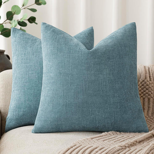 Foindtower Pack of 2 Textured Chenille Throw Decorative Pillow Covers Square Accent Solid Cushion Cover Neutral Farmhouse Pillow Case for Couch Sofa Bedroom Living Room 22x22 Inch,Light Blue
